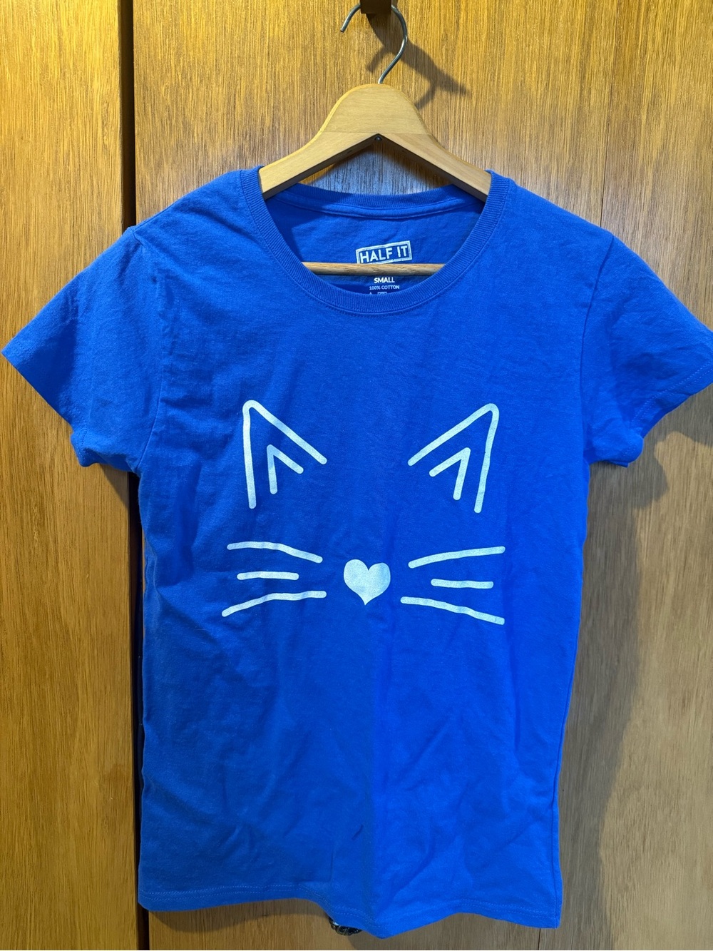 100% Cotton Half It Royal Blue Tee with White Cat Face Graphic, Made in the USS
